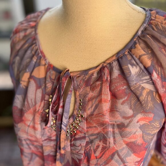 Vera Wang Princess Sheer Leaf Prints Tunic 3/4 Puff Sleeve Multicolor Size Small - Picture 2 of 6